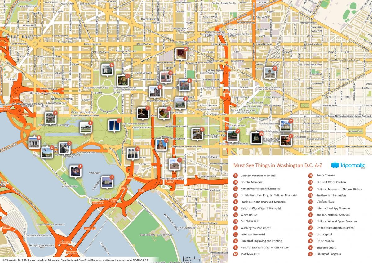 Karte der Sehenswürdigkeiten von Washington DC